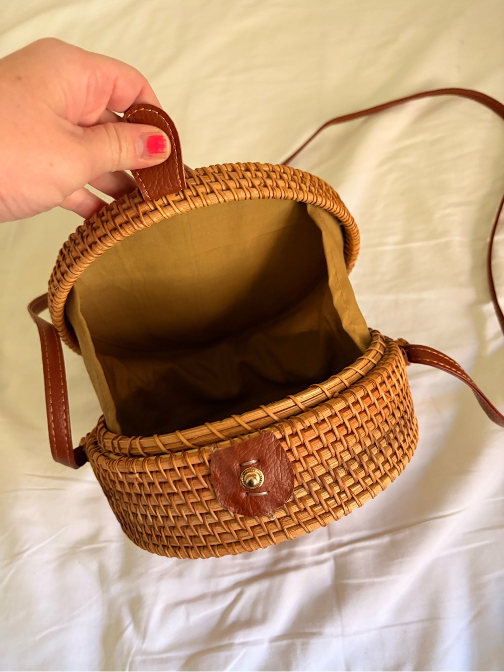 Woven Round Crossbody Bag in Natural Brown - Picture 2 of 4